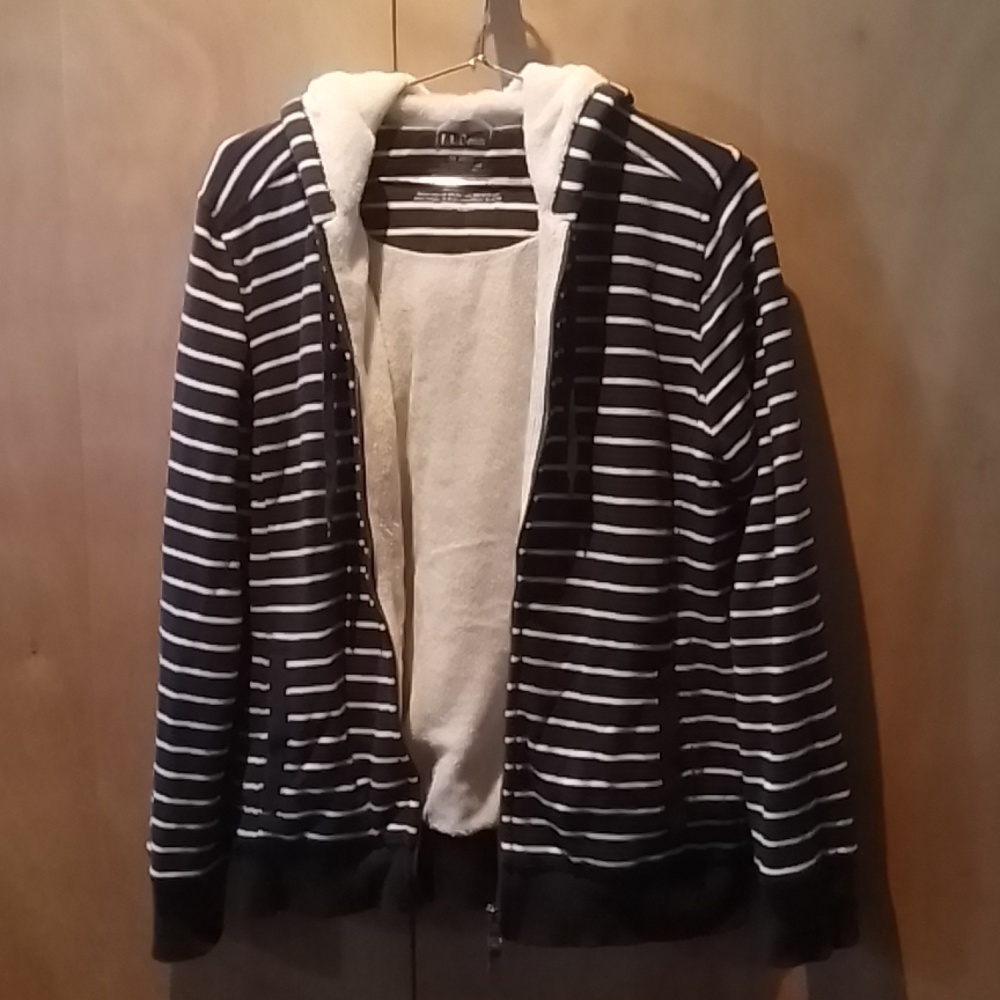 Women's LL Bean fleece lined zip hoodie, deep navy/white stripes, M.